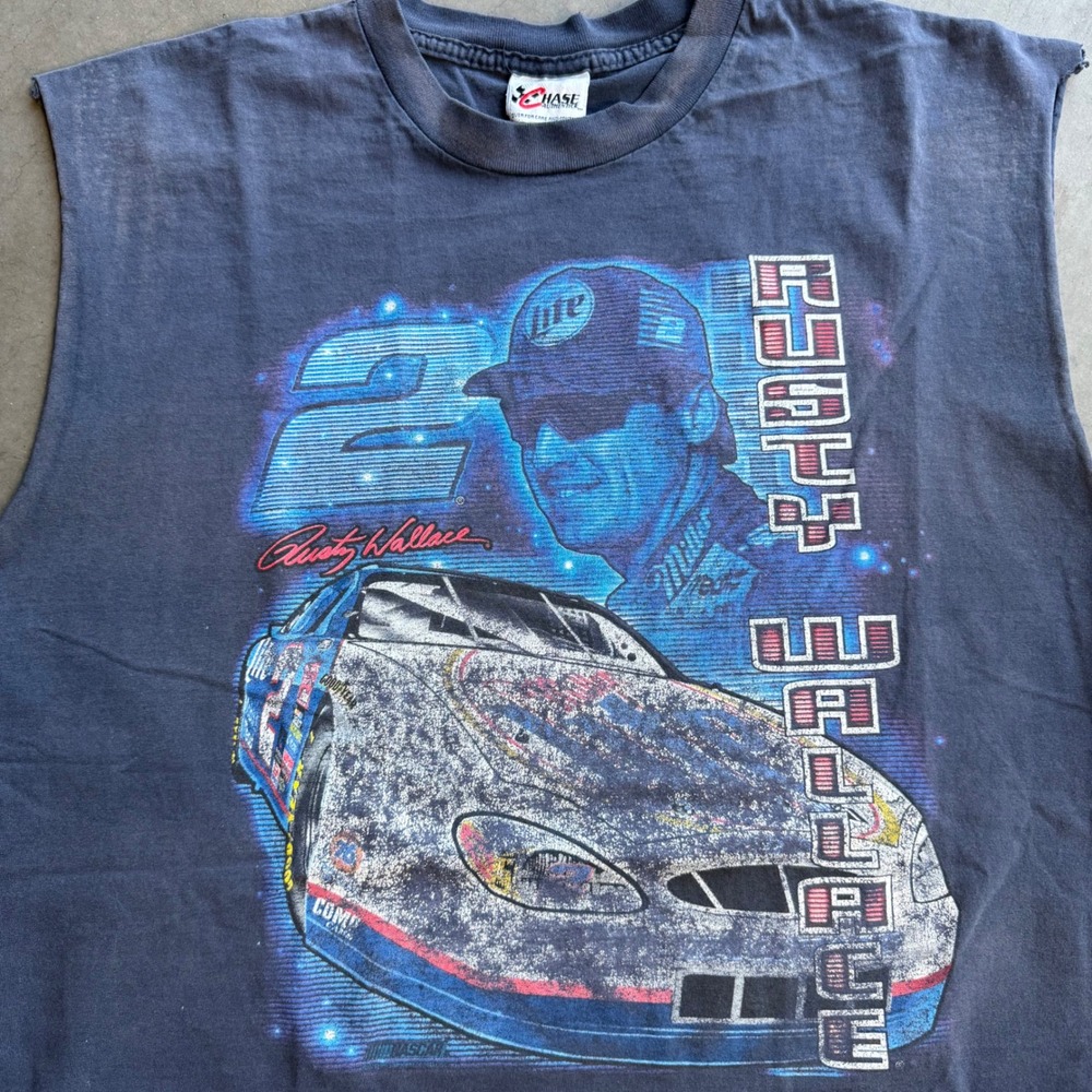 Vintage Chase Authentics Rusty Wallace NASCAR Miller Lite Muscle Tee Navy Blue